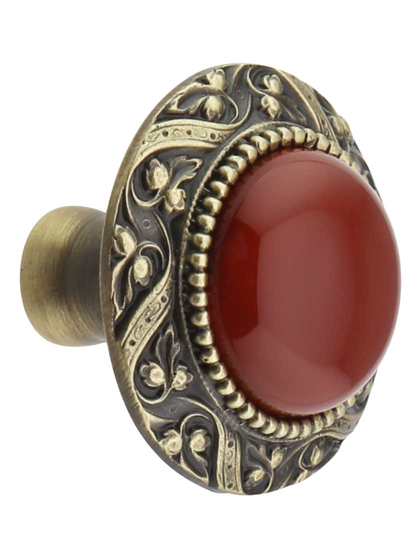 Victorian Cabinet Knob Inset with Red Carnelian - 1 5/16 inch Diameter in Antique Brass.